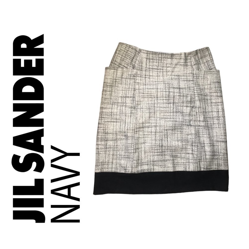JIL SANDER NAVY White/Black TWEED Wool Side Pocket Skirt! Size 40!